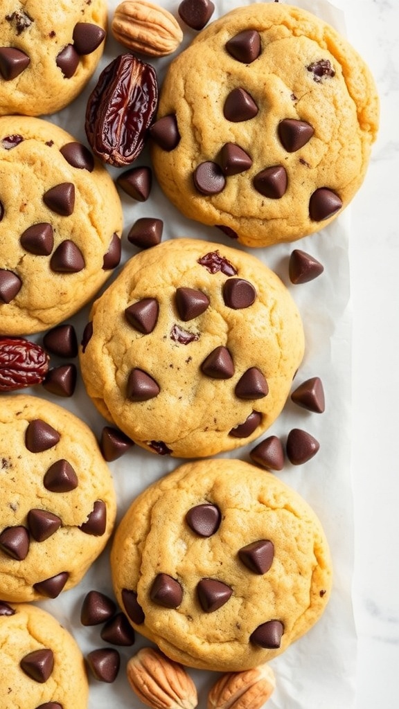 Vegan high-protein chocolate chip cookies with chocolate chips and nuts