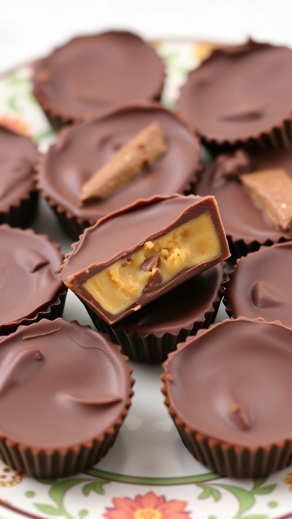 A plate of vegan peanut butter cups, some whole and some cut in half to show the creamy filling.