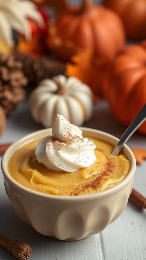 A bowl of vegan pumpkin pie pudding topped with whipped cream and cinnamon, surrounded by autumn decorations.