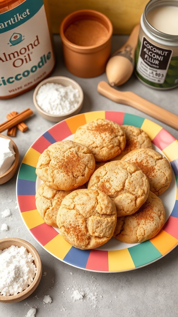 A colorful plate of vegan snickerdoodle cookies with ingredients like almond oil and coconut flour in the background.