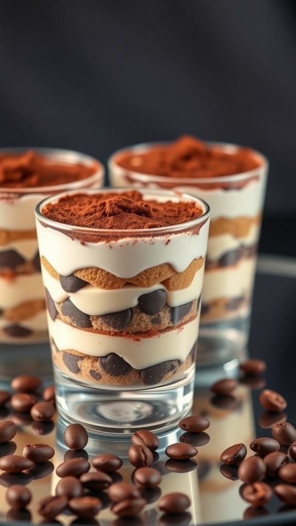 Three vegan tiramisu cups layered with cream and cookies, topped with cocoa powder and surrounded by coffee beans.