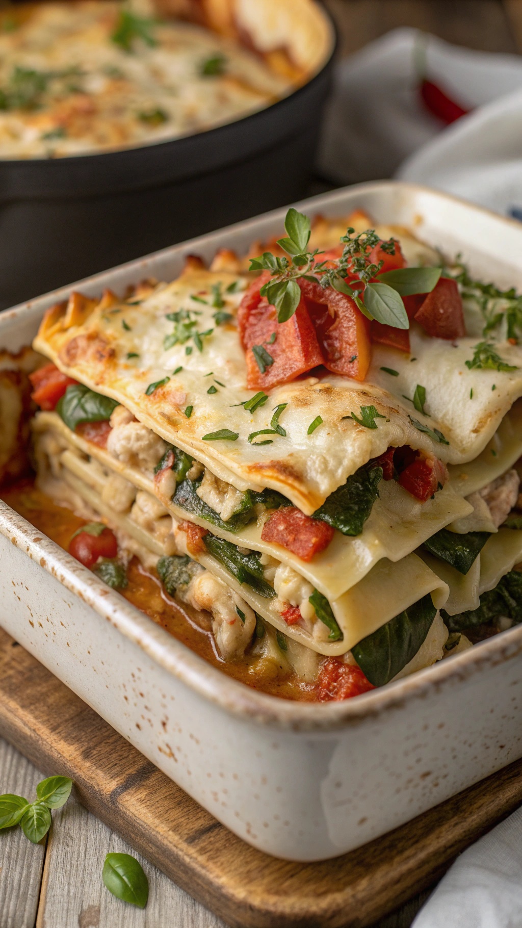 A delicious vegetable-packed chicken lasagna with layers of noodles, chicken, spinach, and cheese, garnished with fresh herbs.