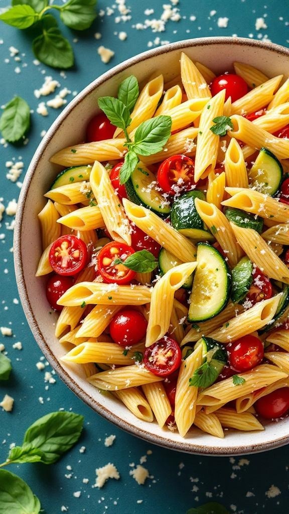 A bowl of vegetable-packed pasta primavera with penne, cherry tomatoes, and zucchini garnished with fresh basil.