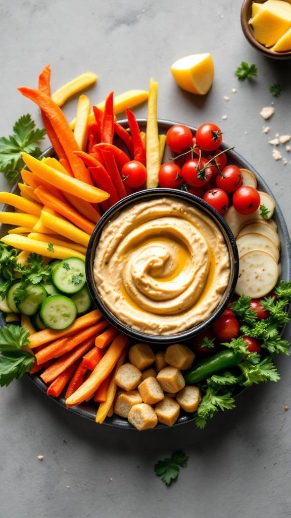 A colorful platter of vegetable sticks including carrots, cucumbers, and bell peppers, served with a bowl of hummus.