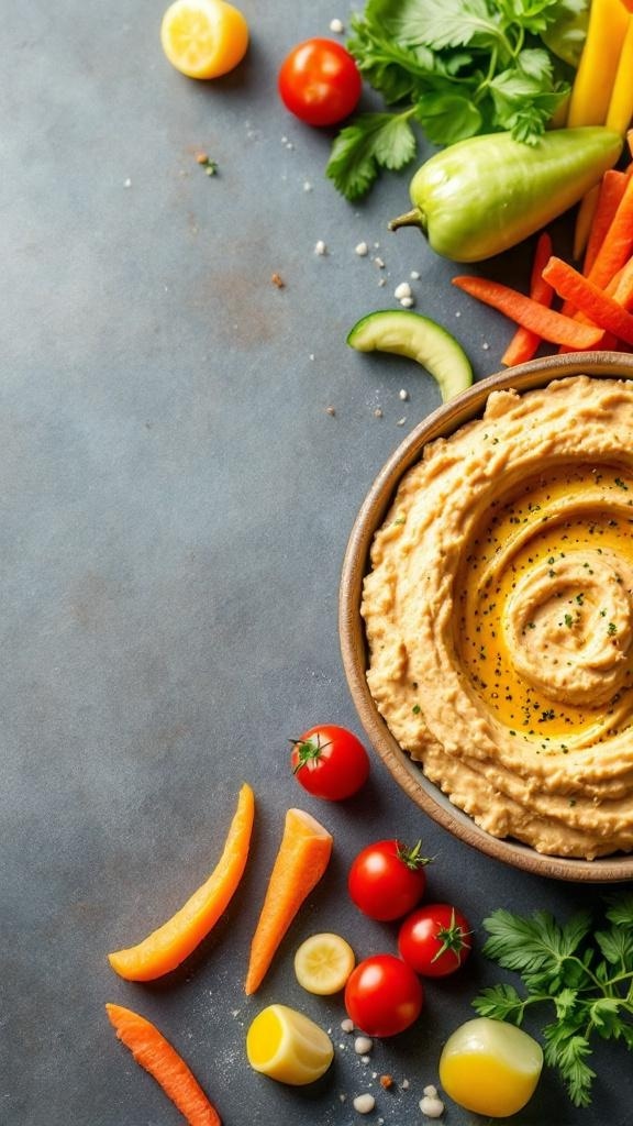 A bowl of hummus surrounded by colorful vegetable sticks including carrots, cucumbers, and bell peppers.