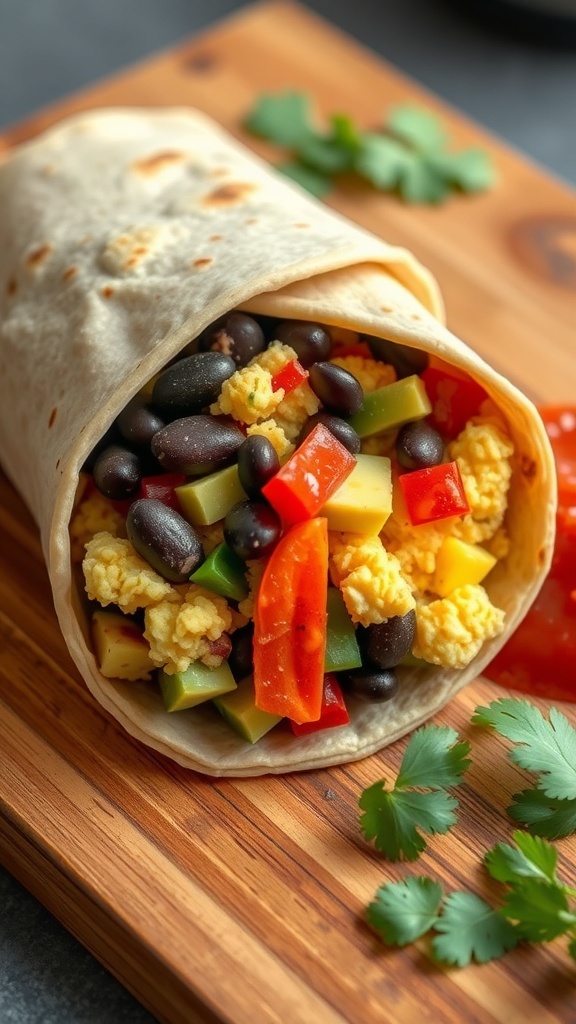 A delicious veggie-packed breakfast burrito filled with scrambled eggs, black beans, and colorful vegetables.