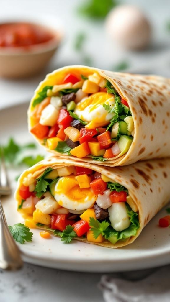 Veggie-packed breakfast wraps filled with colorful vegetables and eggs.
