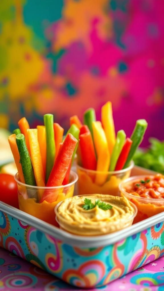 Colorful veggie sticks in cups with hummus and salsa on a vibrant background.