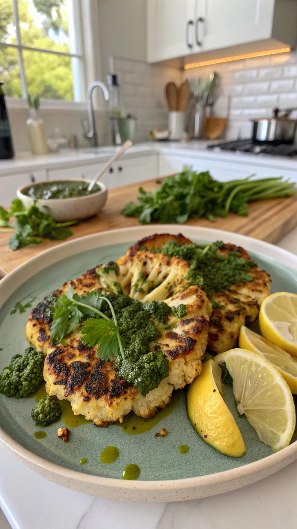 Roasted cauliflower steaks topped with chimichurri sauce and lemon wedges