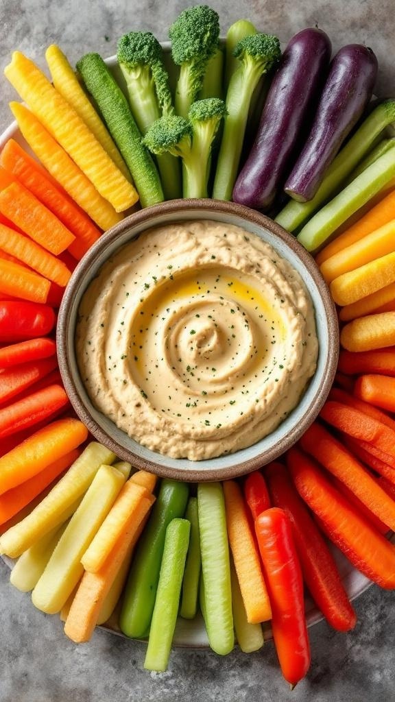 A colorful arrangement of fresh veggie sticks surrounding a bowl of hummus.