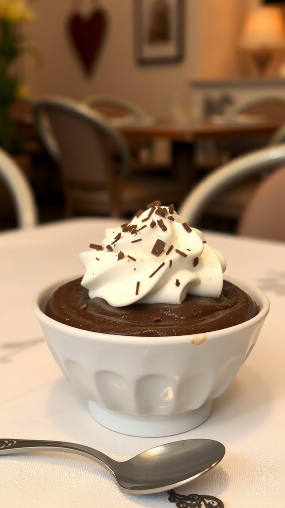 A bowl of velvety chocolate pudding topped with whipped cream and chocolate shavings.