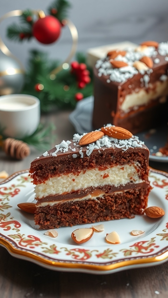 A slice of Keto Almond Joy Cake on a decorative plate, topped with almonds and coconut flakes.