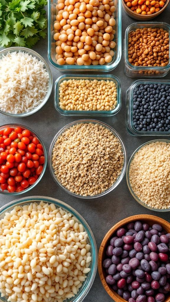 Various base ingredients for meal prep including rice, beans, lentils, and fresh vegetables.