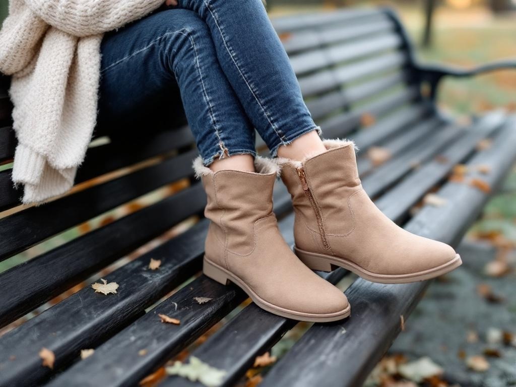 A pair of beige flat boots with a cozy lining, worn by a person sitting on a bench, showcasing a casual outfit.