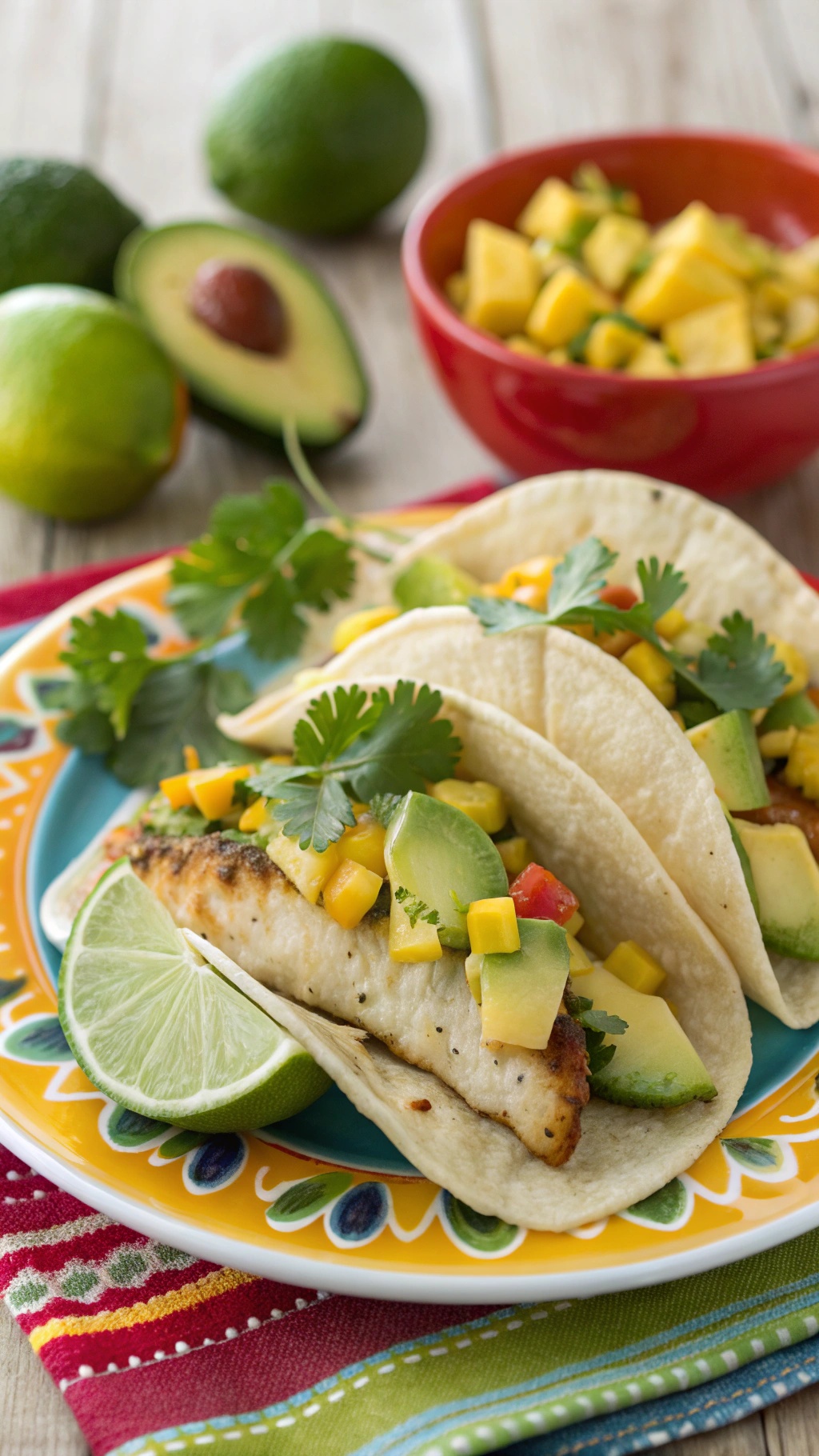 Fish tacos with mango salsa on a colorful plate, garnished with lime and cilantro.