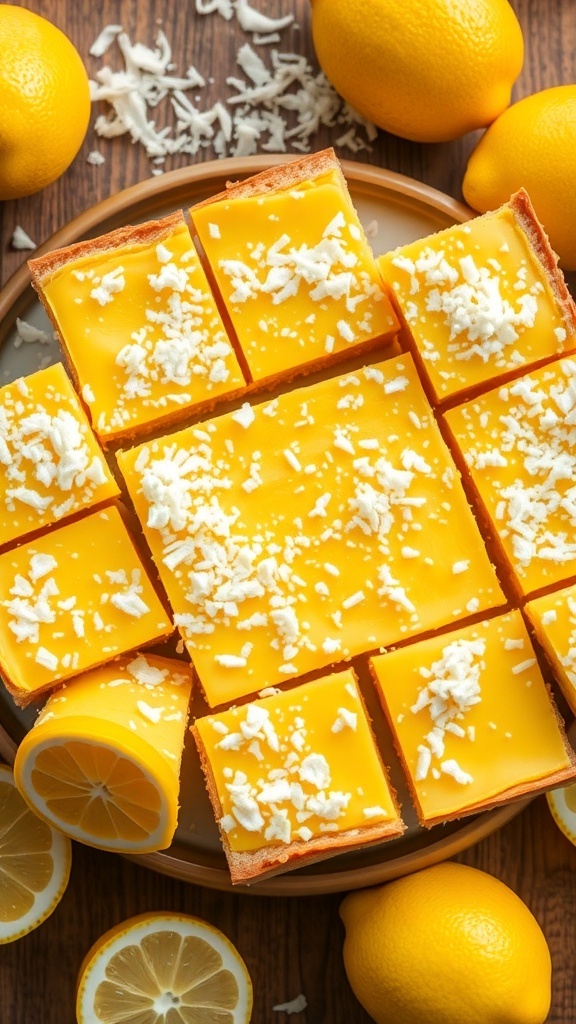 Lemon coconut bars topped with shredded coconut, surrounded by fresh lemons.