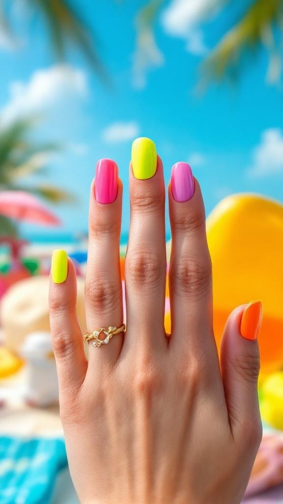 A hand with vibrant neon nails in pink, yellow, orange, and purple against a beach background.