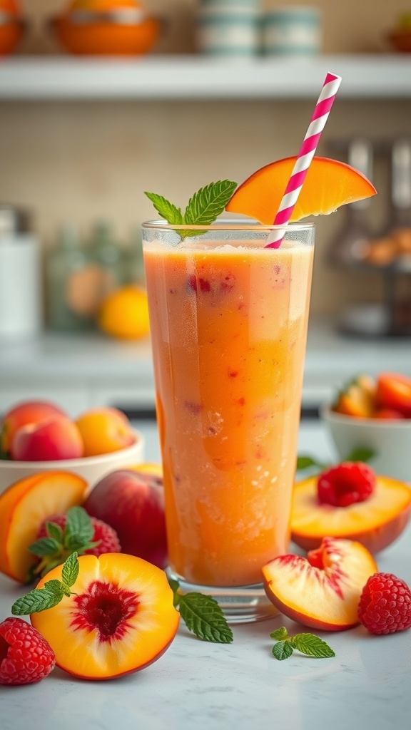 A refreshing peach and raspberry smoothie in a tall glass with a straw, surrounded by fresh peaches and raspberries.