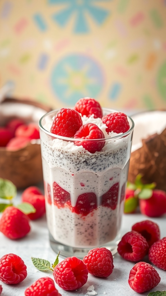 A glass of raspberry coconut chia pudding with layers of chia seeds, coconut, and fresh raspberries, surrounded by raspberries and mint leaves.