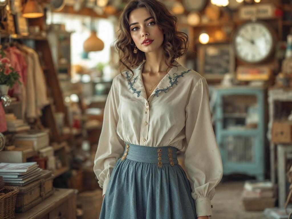 A woman wearing a vintage-inspired skirt and a retro blouse, standing in a cozy shop filled with vintage items.