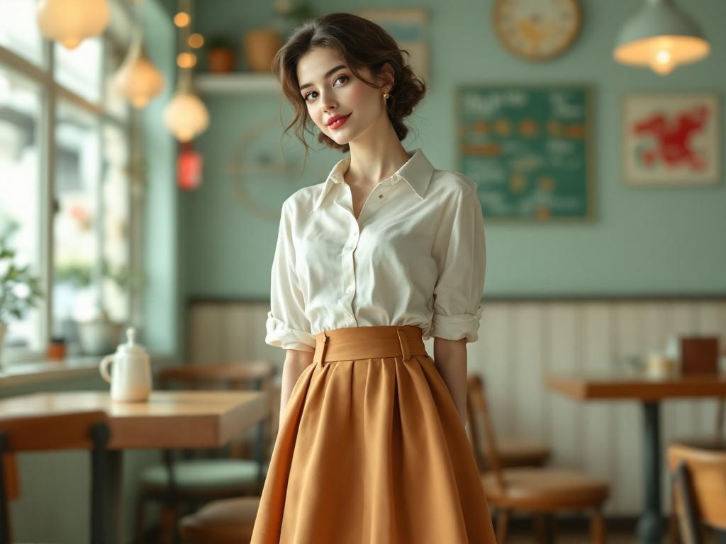 A woman wearing a high-waisted skirt and a white shirt, standing in a cozy café setting.