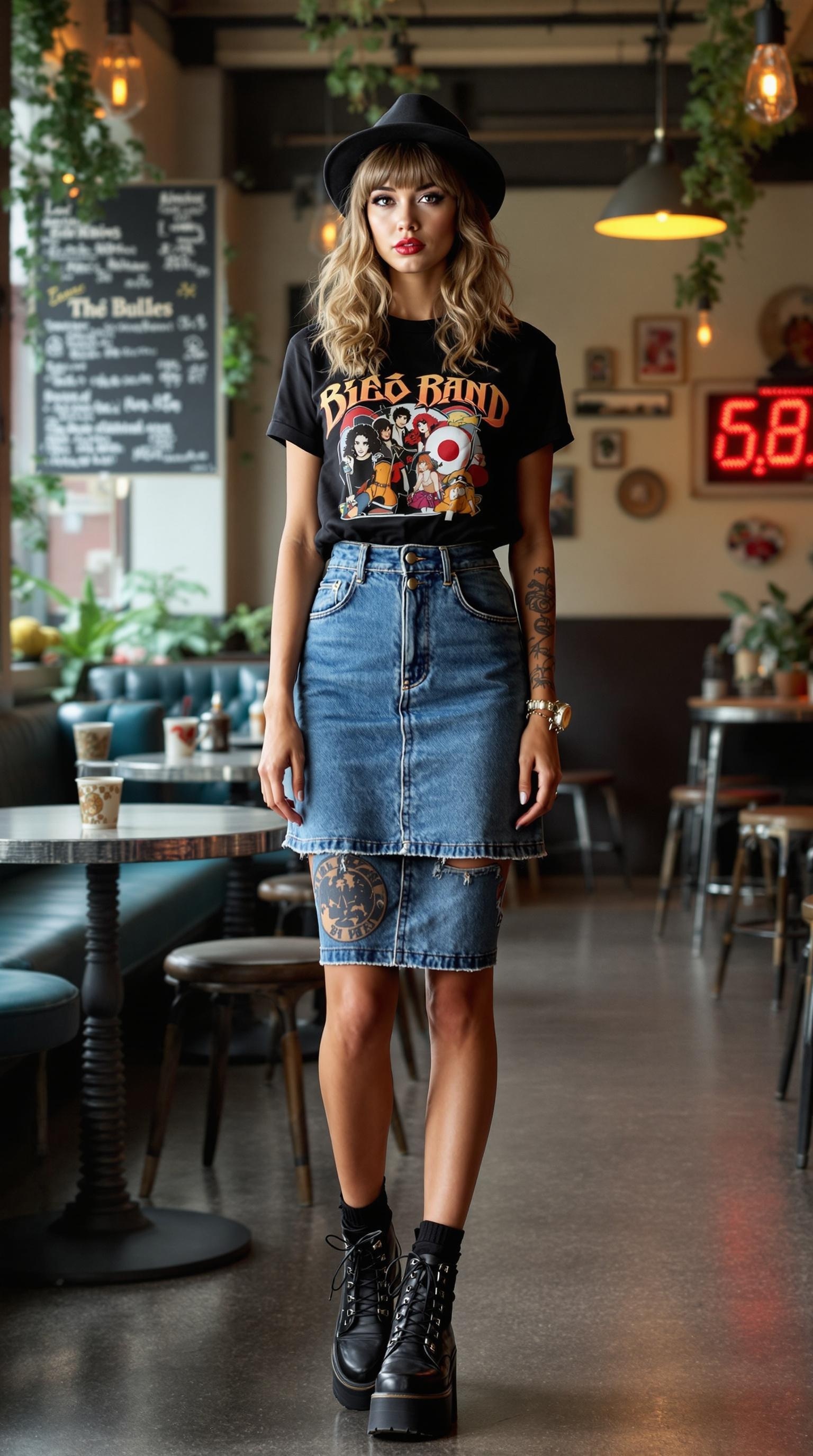 A young woman in a cropped band tee and denim skirt, standing in a cozy cafe with a vintage vibe.