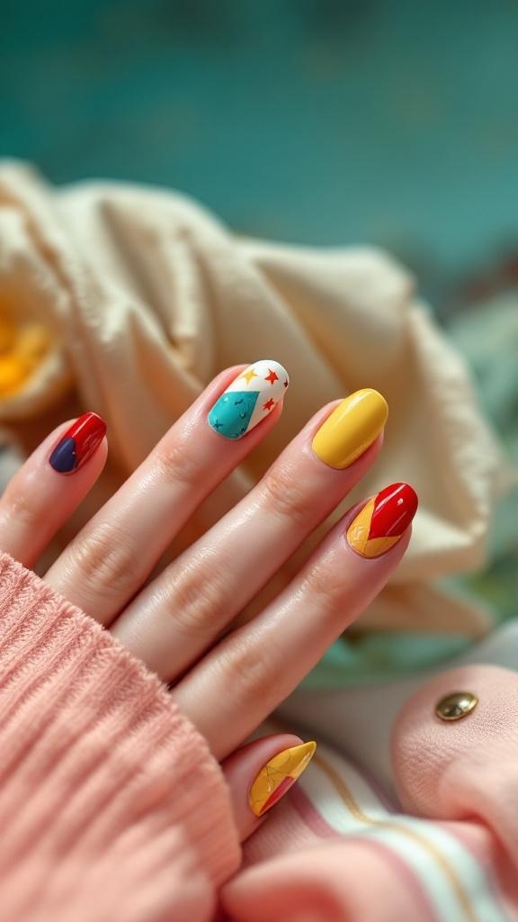 Colorful vintage retro nail designs with geometric shapes and stars.