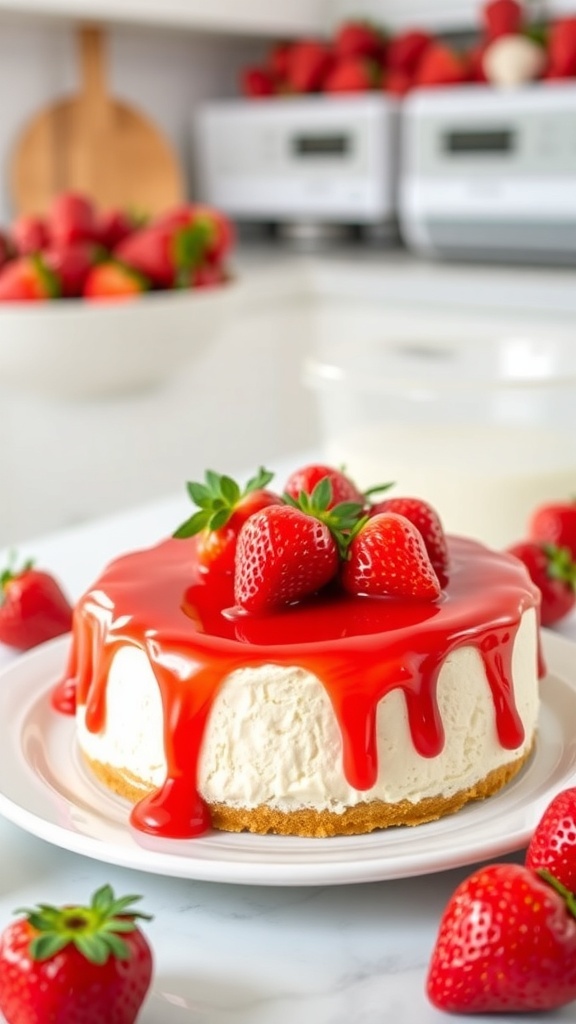 A delicious strawberry cheesecake topped with fresh strawberries and strawberry sauce.