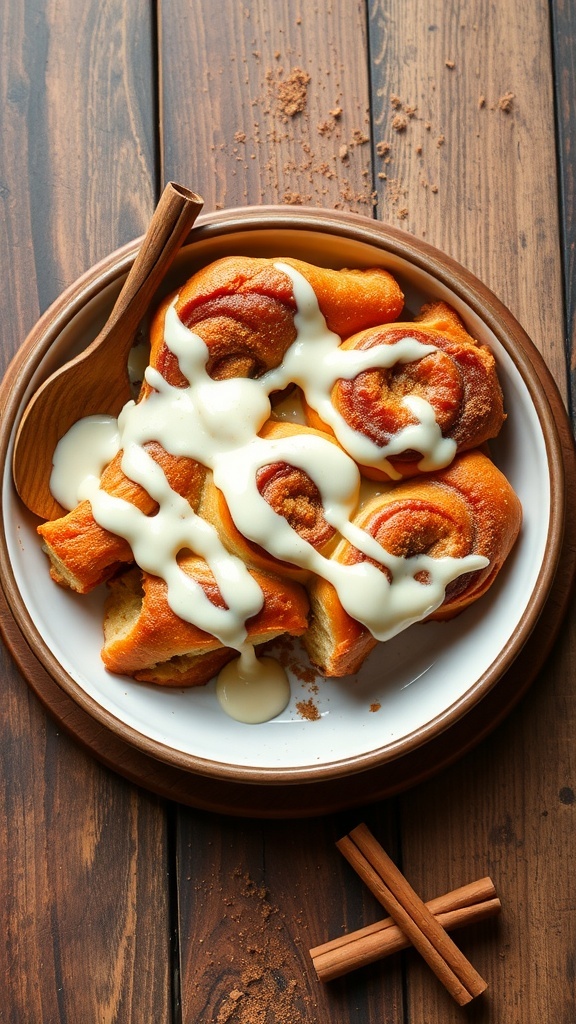 A warm cinnamon roll casserole drizzled with cream cheese frosting on a wooden table.