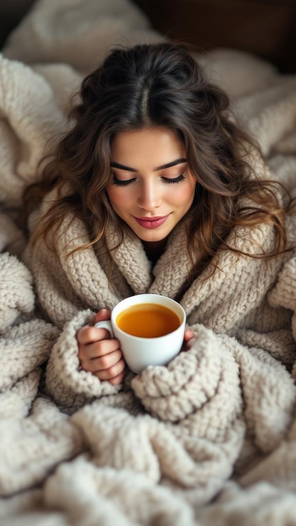 Cozy oversized coat draped over a chair with a steaming cup of coffee and a soft blanket.