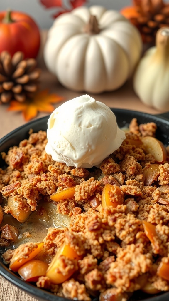 Warm Cinnamon Apple Crisp with ice cream on top, surrounded by pumpkins and pinecones.