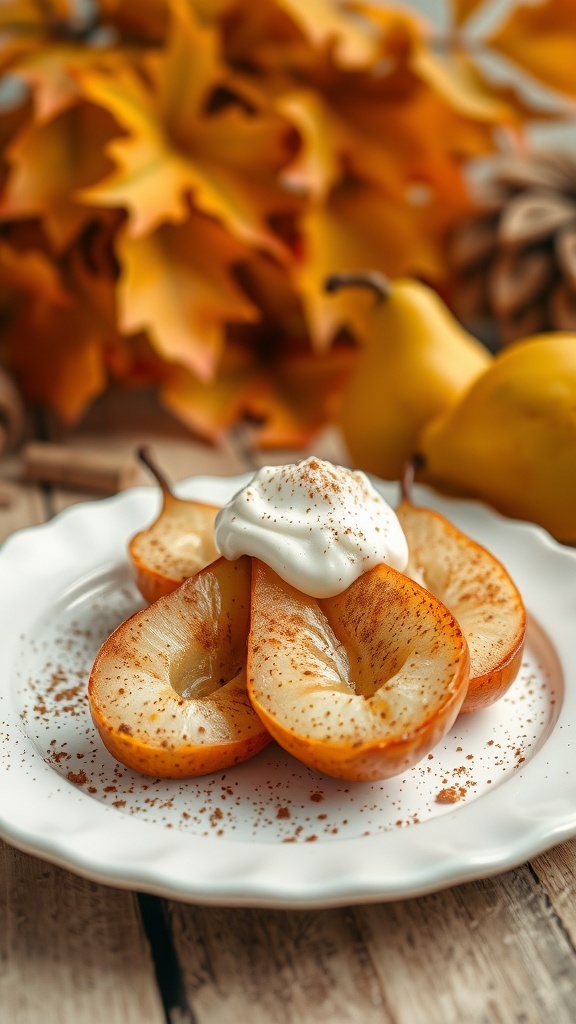 Warm cinnamon pears with yogurt drizzle on a white plate, surrounded by autumn leaves.