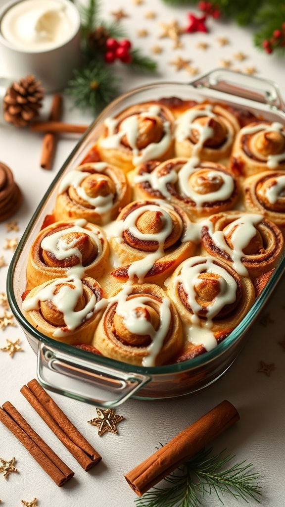 A warm keto cinnamon roll casserole topped with icing, surrounded by cinnamon sticks and festive decorations.