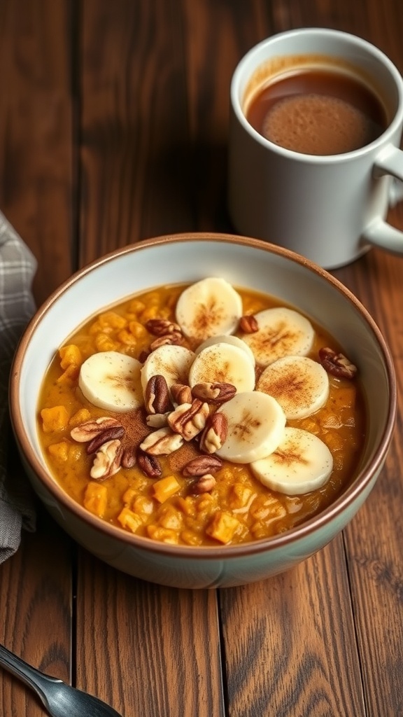 A bowl of warm pumpkin oatmeal topped with banana slices and nuts, accompanied by a cup of coffee.