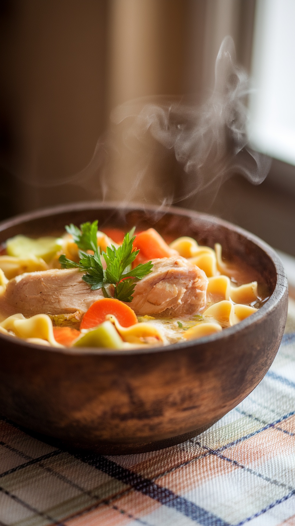 A steaming bowl of hearty chicken noodle soup with vegetables and noodles.