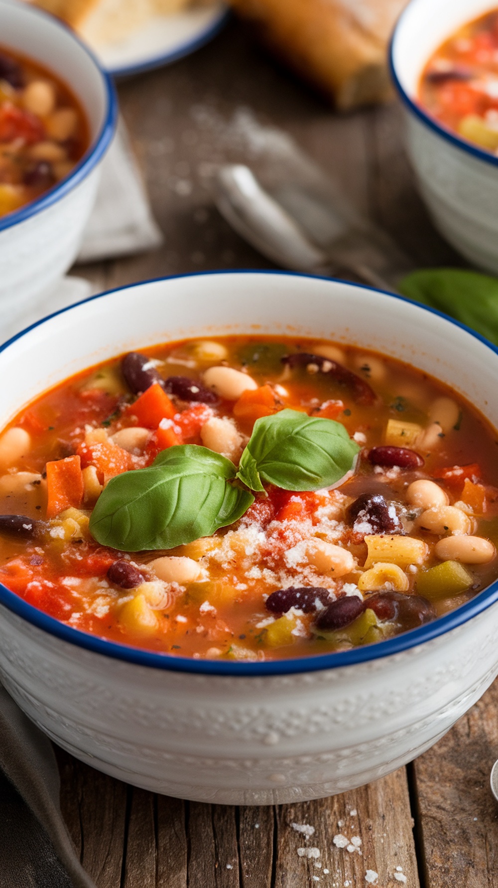 A bowl of classic minestrone soup with beans, vegetables, and fresh basil.