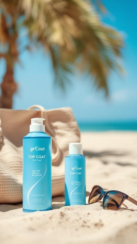 Two bottles of water-resistant top coat on the beach with sunglasses and a bag in the background.