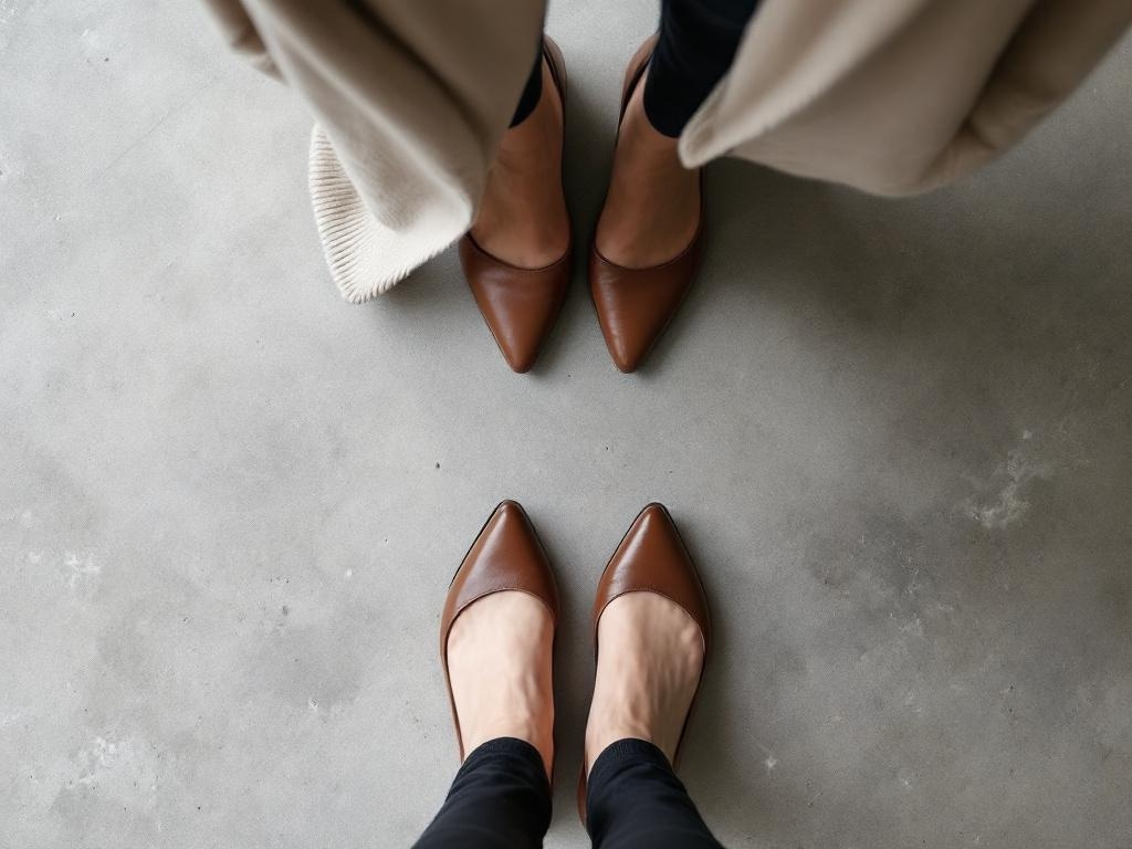 A pair of brown pointed-toe shoes on a gray surface.