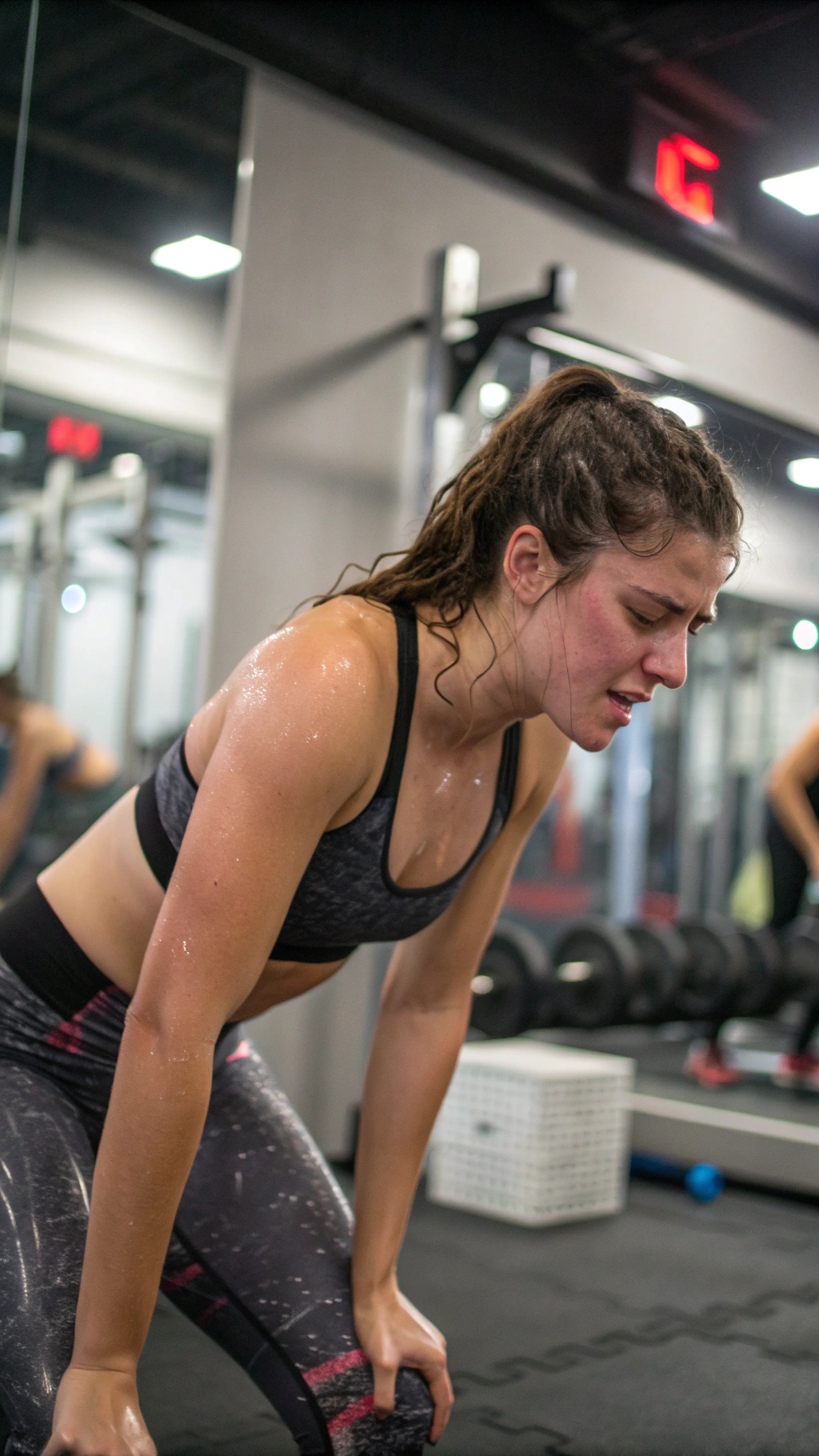 A woman sweating during a workout in a gym, showing the importance of breathable fabrics.
