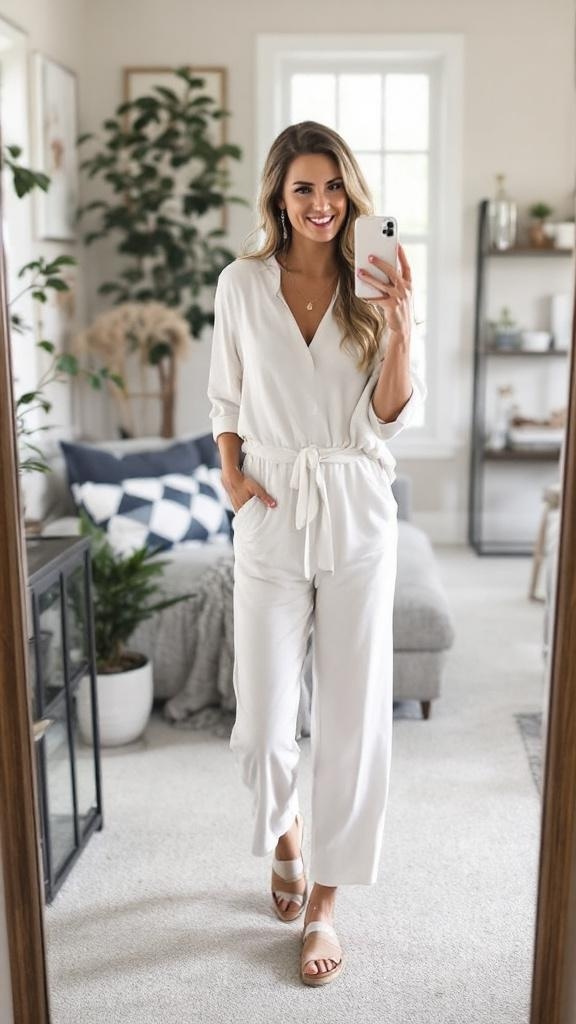 A casual jumpsuit in a soft color, featuring a button-up front, rolled sleeves, and a drawstring waist, paired with white sneakers.