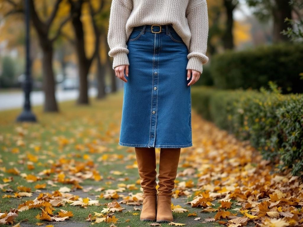 A woman wearing a cozy knit sweater and a denim skirt, standing on a path covered with autumn leaves.