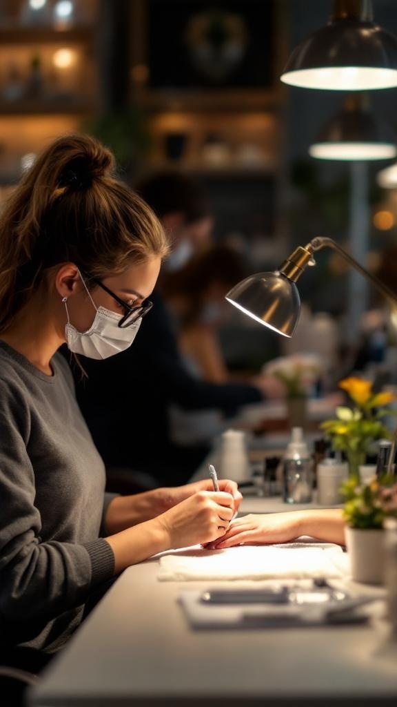 A nail technician working on a client's nails in a salon.