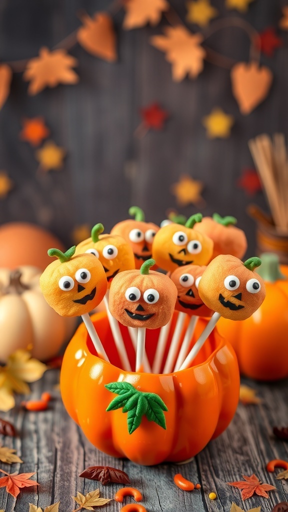 Colorful marshmallow pumpkin pops in an orange pumpkin pot, decorated with faces and green leaves.