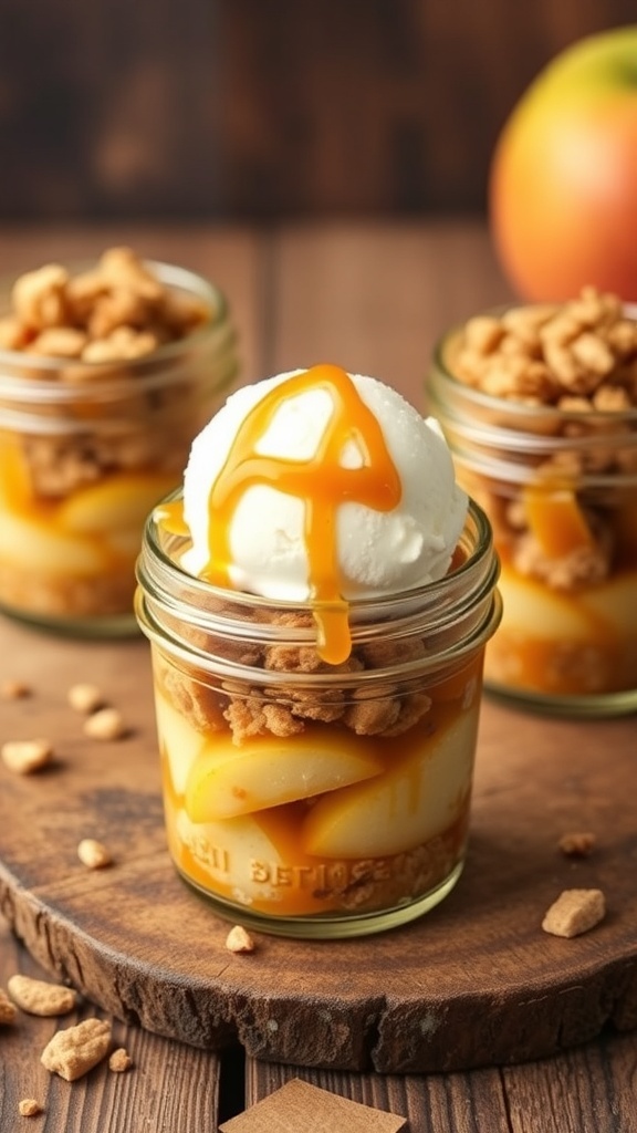 Mini apple crumble jars with ice cream and caramel sauce