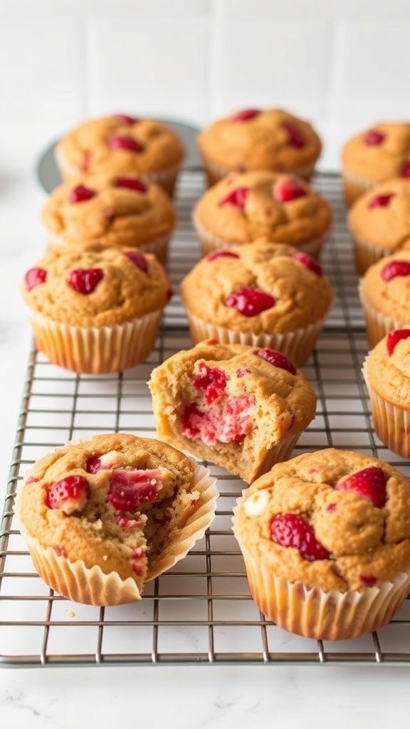 Freshly baked strawberry muffins cooling on a wire rack.