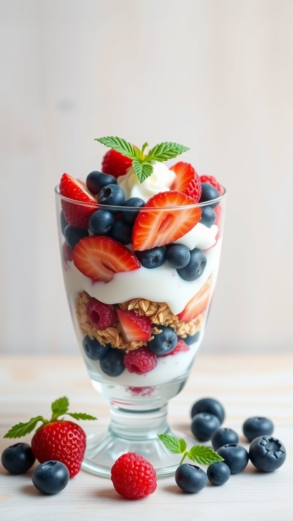 A delicious berry parfait with layers of yogurt, granola, and fresh berries.