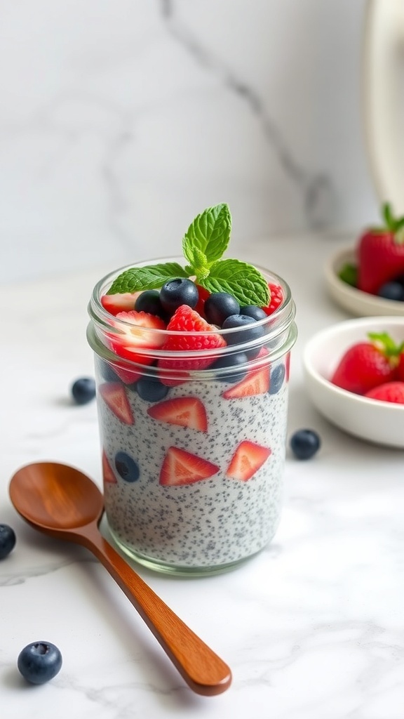 A jar of berry chia pudding topped with strawberries and blueberries, with a wooden spoon beside it.