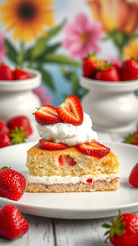 A slice of strawberry shortcake topped with fresh strawberries and whipped cream, surrounded by whole strawberries.