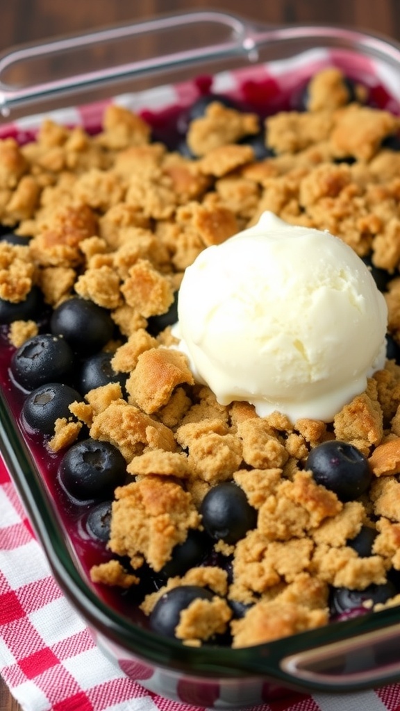 A delicious blueberry crisp topped with a scoop of vanilla ice cream and mint leaves.