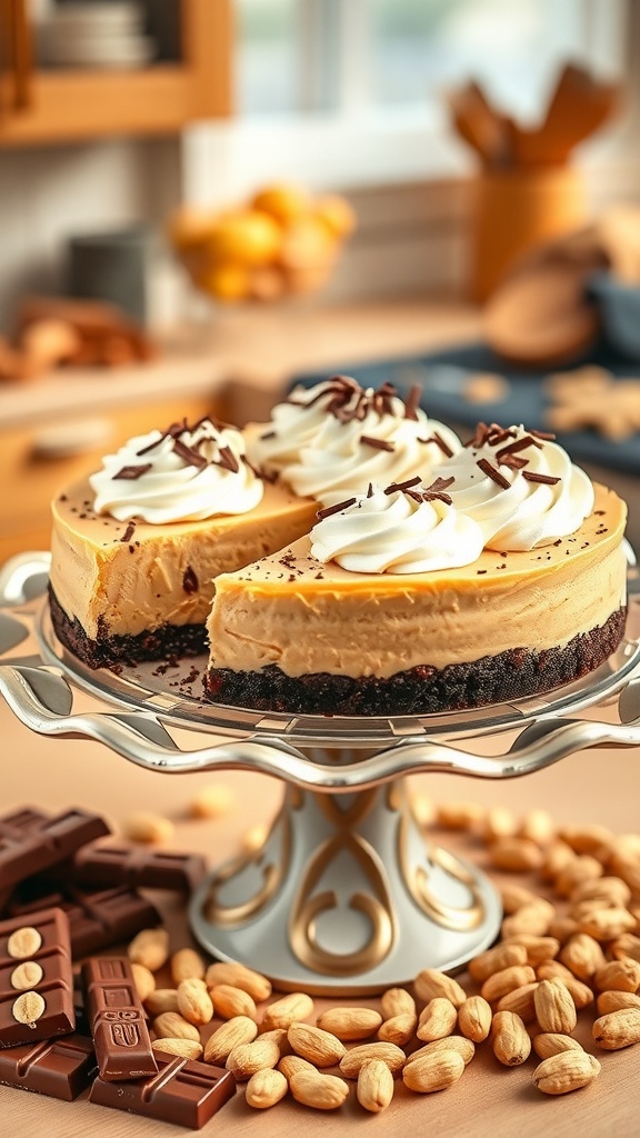 A delicious no-bake peanut butter pie on a decorative cake stand, surrounded by chocolate bars and peanuts.